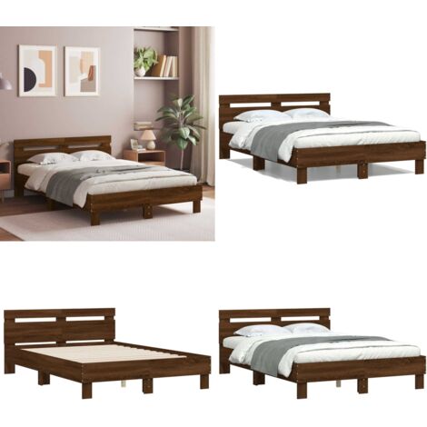 Cama con cabecero madera de ingeniería marrón roble 135x190 cm - Madera de ingeniería - Cama marrón roble