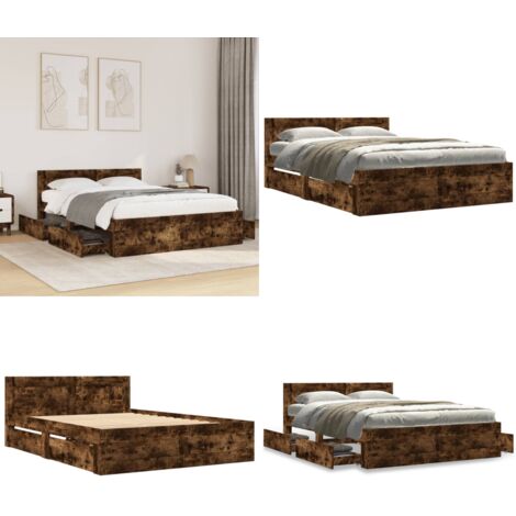 Cama con cabecero madera de ingeniería roble ahumado 140x200 cm - Madera de ingeniería - Cama con cajones