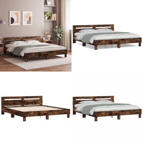 Cama con cabecero madera de ingeniería roble ahumado 160x200 cm - Madera de ingeniería - Soporte para espalda
