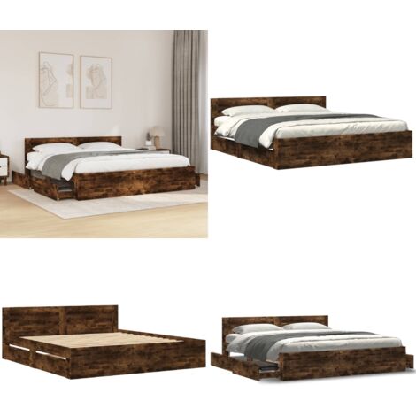 Cama con cabecero madera de ingeniería roble ahumado 180x200 cm - Madera de ingeniería - Cama con cajones