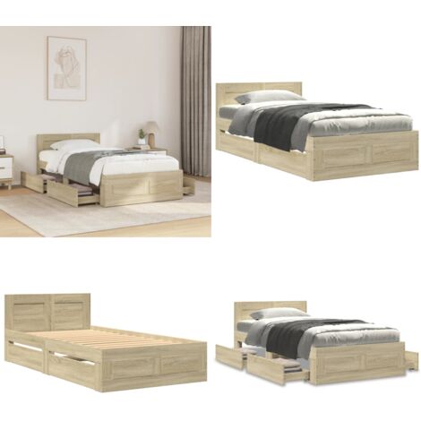 Cama con cabecero madera de ingeniería roble Sonoma 100x200 cm - Madera de ingeniería - Somier de láminas