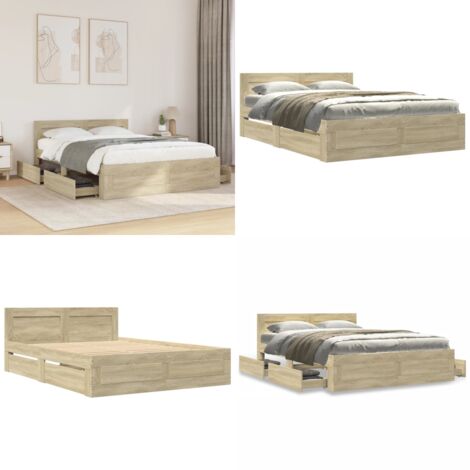 Cama con cabecero madera de ingeniería roble Sonoma 135x190 cm - Madera de ingeniería - Somier de láminas
