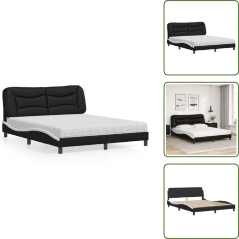 Cama con cabecero - vidaXL Cama con colchón Hvar cuero sintético negro y blanco 160x200 cm - Cama de madera