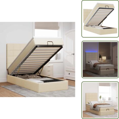 Cama con cabecero - vidaXL Cama otomana con colchón y luces LED tela crema 90x200 cm - Colchón ensacado