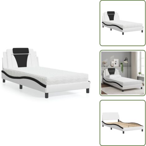 Cama con cabecero - vidaXL Cama Viana con colchón cuero sintético blanco y negro 100x200 cm - Cama de madera