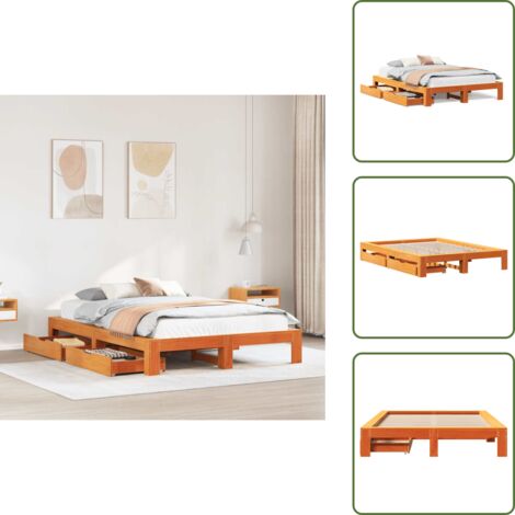 Cama con cajón - vidaXL Cama sin colchón madera maciza pino marrón cera 150x200 cm - Cama con ruedas