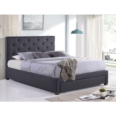 Cama con cajón y cabecero acolchado AGOSTINO - Tela - 140x190 cm - Gris - Venta-unica - Gris antracita