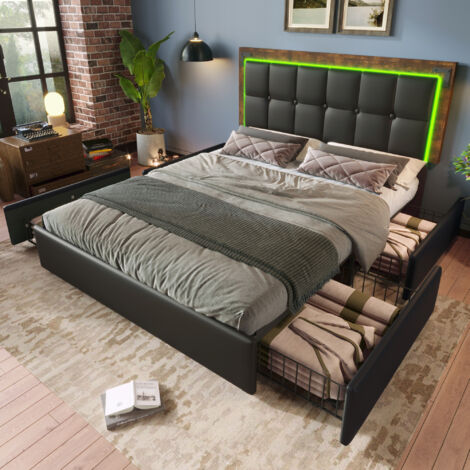 Cama con Cajones 160×200 cm, Cama Doble con 4 Cajones, LED Regulable y Cabecero Ajustable, sin Colchón, en PU, Negro