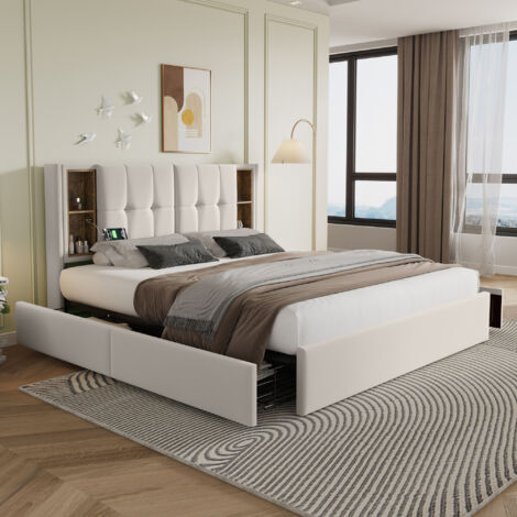 Cama con Cajones 160×200 cm, Cama Doble con Carga Inalámbrica, USB, Tipo C y 4 Cajones, sin Colchón, en Terciopelo, Beige