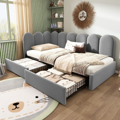 Cama con cajones, 90x190 cm, con somier, apta para niños, terciopelo, gris (sin colchón)