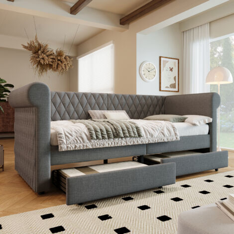 Cama con cajones 90x200 cm 2 cajones de almacenaje listones de madera lino gris apto para niños y adolescentes (Sin Colchón)