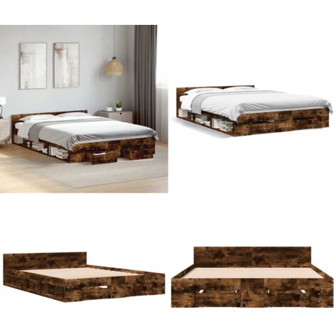 Cama con cajones madera de ingeniería roble ahumado 140x190 cm - Cama de madera - Cama con cajones de roble
