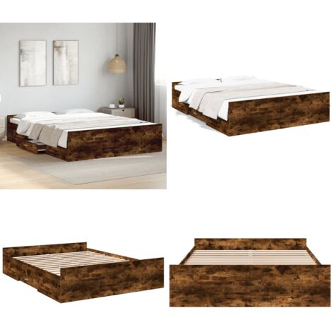Cama con cajones madera de ingeniería roble ahumado 150x200 cm - Cama de madera - Cama con cajones de roble