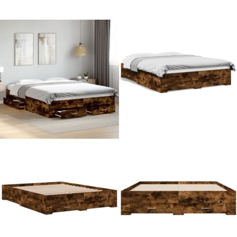 Cama con cajones madera de ingeniería roble ahumado 150x200 cm - Cama de madera - Cama con cajones de roble