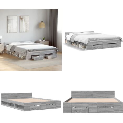 Cama con cajones madera ingeniería gris Sonoma 140x190 cm - Cama de madera - Cama gris Sonoma