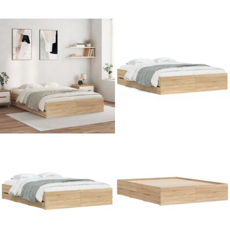 Cama con cajones madera ingeniería roble Sonoma 150x200 cm - Cama de madera - Cajones de cama