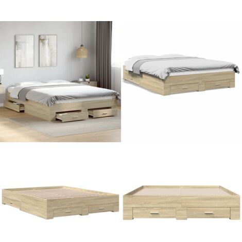 Cama con cajones madera ingeniería roble Sonoma 150x200 cm - Cama de madera - Cama con cajones de madera