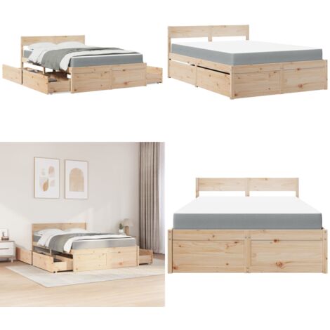 Cama con cajones y colchón madera maciza de pino 120x200 cm - Cama con cajones - Colchón de muelles ensacados