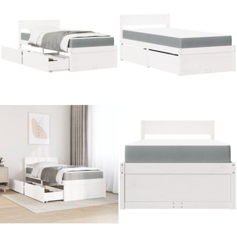 Cama con cajones y colchón madera maciza pino blanca 100x200 cm - Cama de madera - Colchón de muelles ensacados