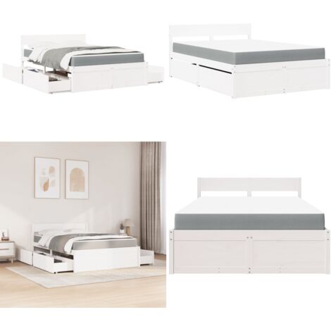 Cama con cajones y colchón madera maciza pino blanco 120x190 cm - Cama de madera - Colchón de muelles ensacados