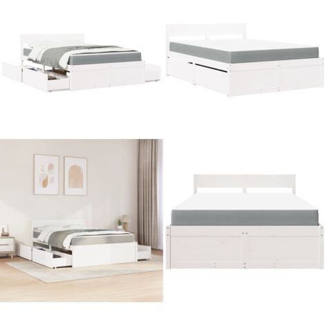 Cama con cajones y colchón madera maciza pino blanco 140x190 cm - Cama de madera - Cama de pino