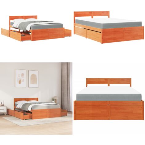 Cama con cajones y colchón madera maciza pino marrón 120x200 cm - Cama de madera - Colchón de muelles ensacados