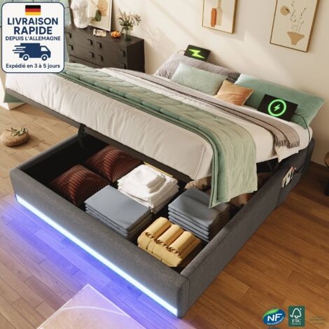 Cama con canapé 140x200cm - Cama doble tapizada 140x200cm - Lino - Tira de luces LED con mando a distancia, puertos USB y Tipo C, con pequeña bolsa de almacenaje - Madera con certificación PEFC - Gris