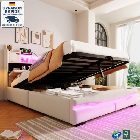 Cama con canapé 140x200cm - Cama doble tapizada 140x200cm - Lino - Tira de luz LED con mando a distancia y puertos USB-C, Espacio de almacenaje junto a la cama - Madera con certificación PEFC - Beige