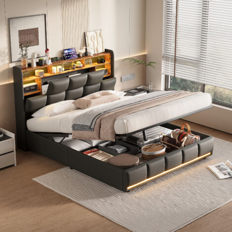 Cama con canapé 160 x 200 cm, cama doble con LED, estructura de cama con armario, tejido de PU, negro
