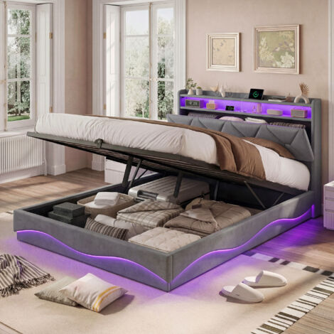 Cama con canapé 160x200 cm - Cama de 160x200 con estación de carga USB-C - Cama doble de 160x200 con cabecero LED - en terciopelo gris