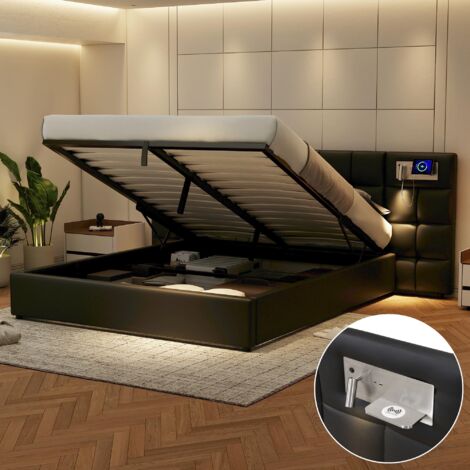 Cama con Canapé 180×200 cm, Cama Doble con USB, Carga Inalámbrica y Lámpara, sin Colchón, en PU, Negro