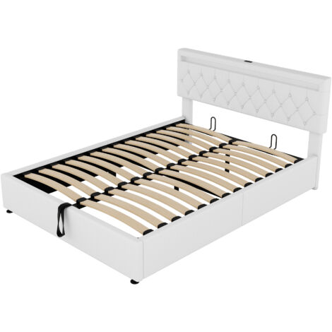 Cama con canapé blanca de 160 x 200 cm con iluminación ambiental, puertos de carga USB y tipo C, estructura de cama doble, apta para jóvenes y adultos (colchón no incluido).