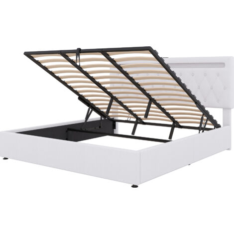 Cama con canapé blanco de 180 x 200 cm con iluminación ambiental, puertos de carga USB y tipo C, estructura de cama doble, adecuada para jóvenes y adultos (colchón no incluido).