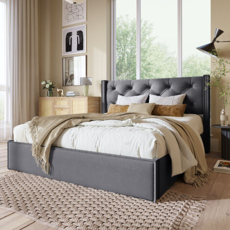 Cama con canapé, cama hidráulica tapizada, con espacio de almacenamiento, cama doble 160x200 cm, gris, sin colchón