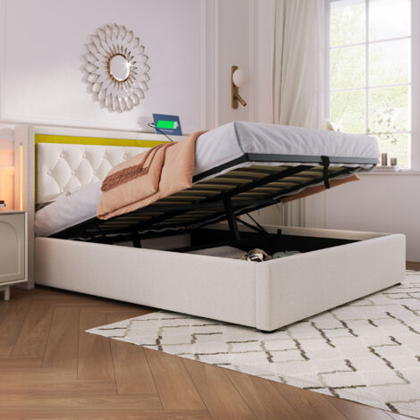 Cama con canapé de algodón beige 160x200 cm con LED, USB y Type-C, somier de láminas e incluye colchón
