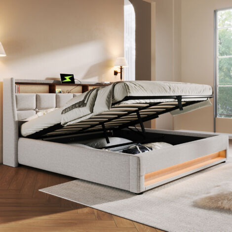Cama con canapé tapizada de lino beige 140x200 cm con LED, USB, somier y colchón