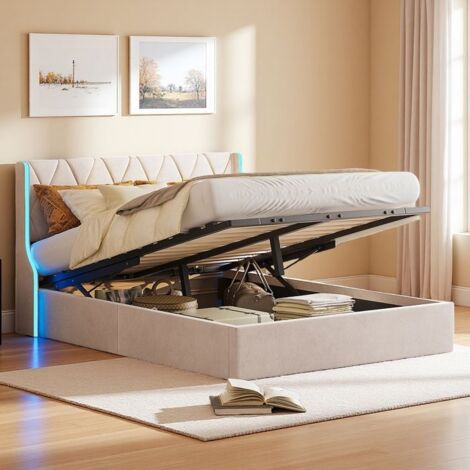 Cama con cofres 140x190 cm - TANANT - Almacenamiento hidráulico - Terciopelo beige - 2 plazas - Diseño contemporáneo