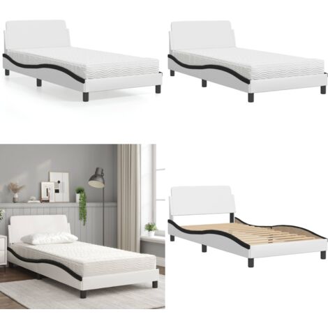 Cama con colchón Dover cuero sintético blanco y negro 100x200 cm - Colchón de espuma - Cama de cuero sintético