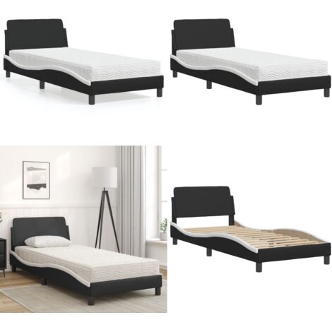 Cama con colchón Dover cuero sintético negro y blanco 90x190 cm - Colchón de espuma - Cama con cabecero