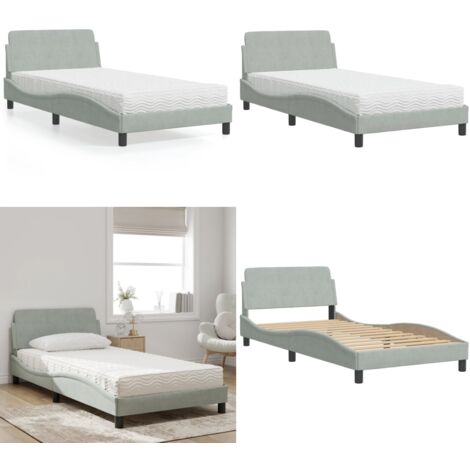 Cama con colchón Dover terciopelo gris claro 100x200 cm - Colchón de espuma - Cama terciopelo