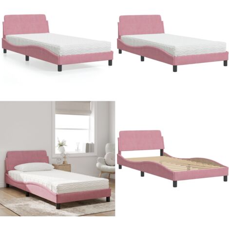 Cama con colchón Dover terciopelo rosa 100x200 cm - Colchón de espuma - Cama terciopelo rosa