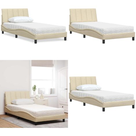 Cama con colchón Hanko tela color crema 100x200 cm - Colchón de espuma - Cama con estructura
