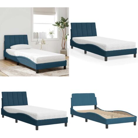 Cama con colchón Hanko terciopelo azul 90x190 cm - Colchón de espuma - Cama de terciopelo