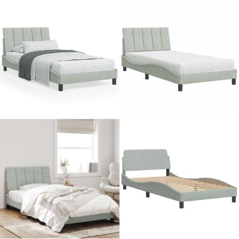 Cama con colchón Hanko terciopelo gris claro 100x200 cm - Colchón de espuma - Cama de terciopelo