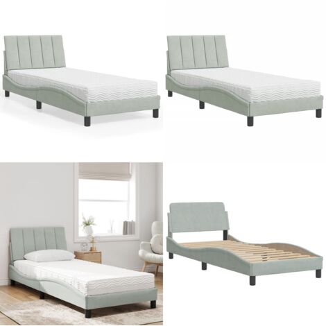 Cama con colchón Hanko terciopelo gris claro 90x190 cm - Colchón de espuma - Cama de terciopelo