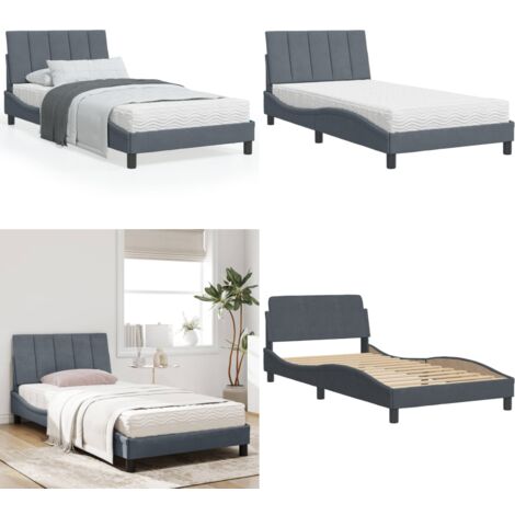 Cama con colchón Hanko terciopelo gris oscuro 100x200 cm - Colchón de espuma - Cama de terciopelo