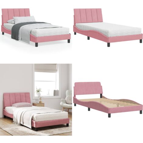 Cama con colchón Hanko terciopelo rosa 100x200 cm - Colchón de espuma - Cama rosa