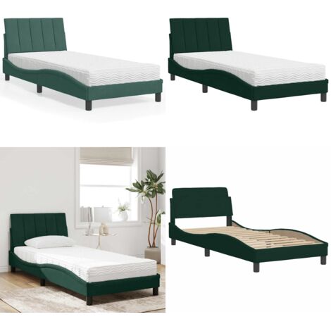 Cama con colchón Hanko terciopelo verde oscuro 90x190 cm - Colchón de espuma - Cama de terciopelo