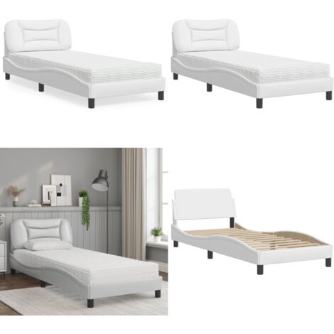 Cama con colchón Hvar cuero sintético blanco 90x190 cm - Colchón de espuma - Cama de cuero sintético