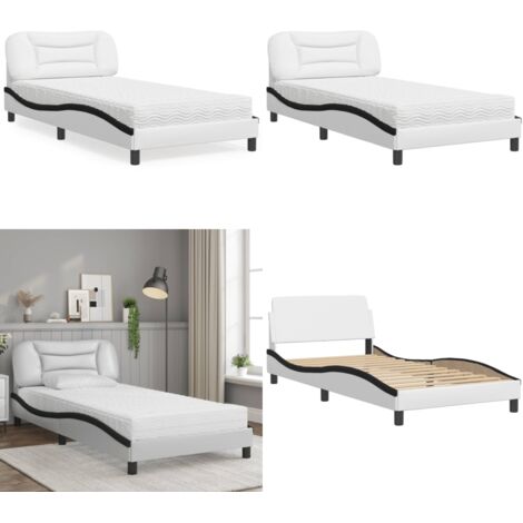 Cama con colchón Hvar cuero sintético blanco y negro 100x200 cm - Colchón de espuma - Cama de cuero sintético